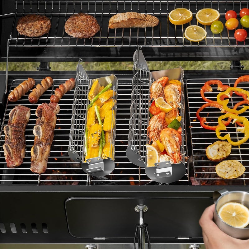 SHIZZO Rolling Grill Basket, New Opening Design, Extra Sturdy Cylinder Grilling Basket, Food Grade Stainless Steel, Large Portable Outdoor Camping accessories BBQ Net Rack, Cooking Griller for Fish, Vegetables, and More - Gifts for Men Dad Husband - Set of 2 - Image 3